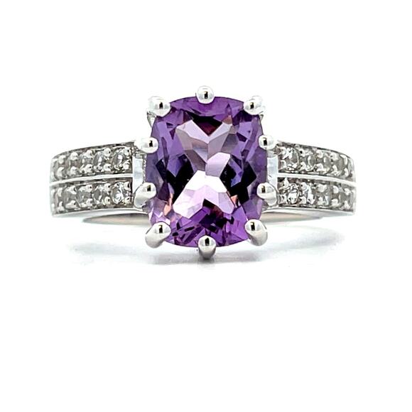 Genuine Amethyst Created Sapphire Ring 925 Sterling Silver US Size 8 - Picture 1 of 5